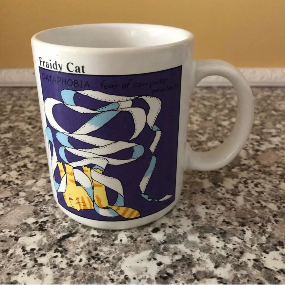 Hallmark mug funny computers cats coffee tea Fraidy afraid programs printouts - Picture 2 of 9